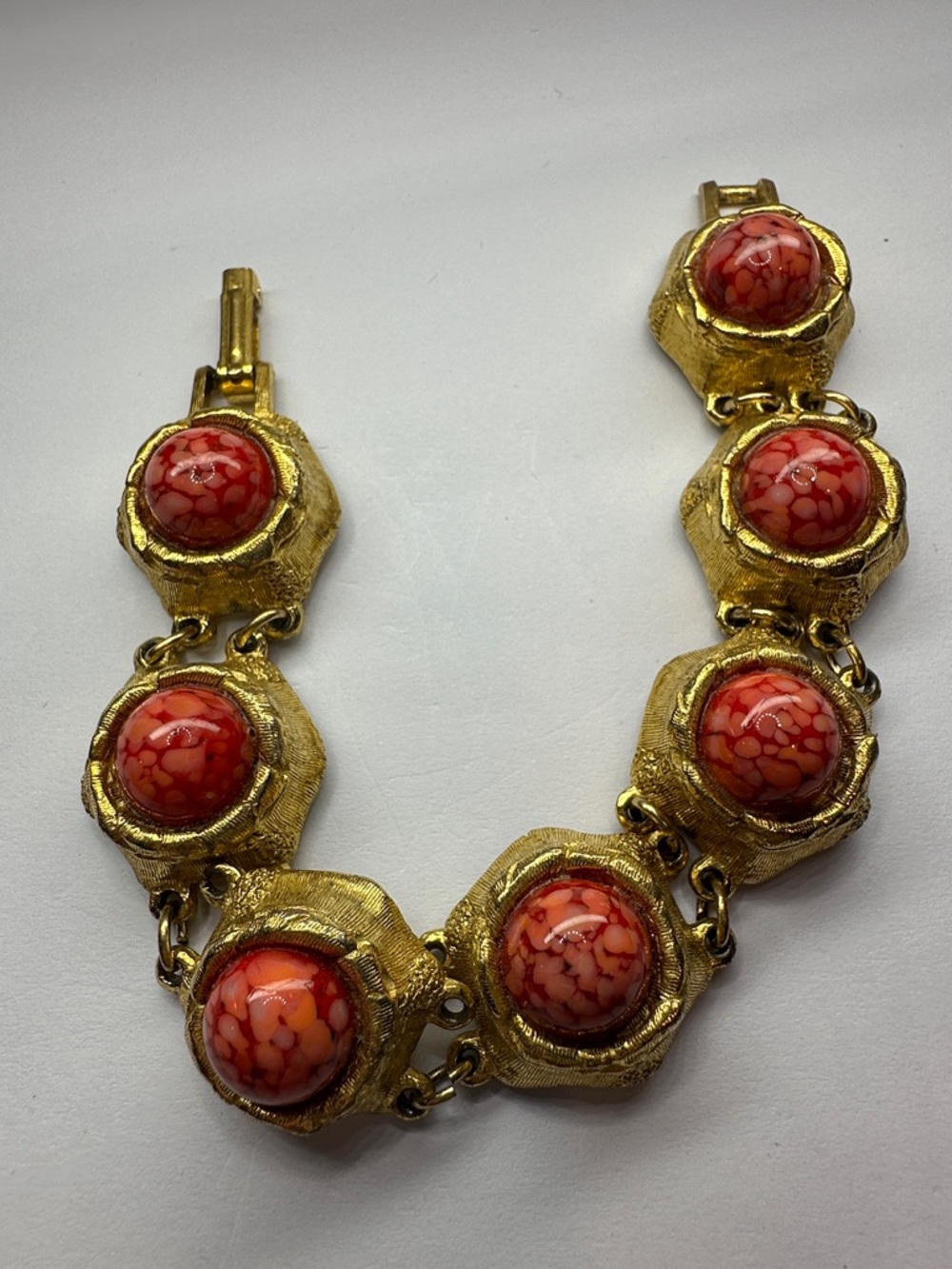 Vintage Czech Glass Bracelet For Repair with Red Marbled Glass Cabochons - Picture 3 of 15